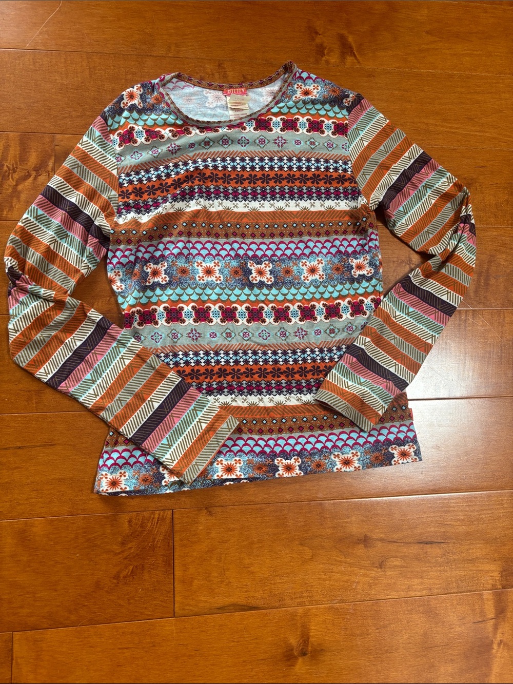 Vintage Oilily Multicolor Patterned Long Sleeve Top — Rust, Teal, Burgundy, Pink